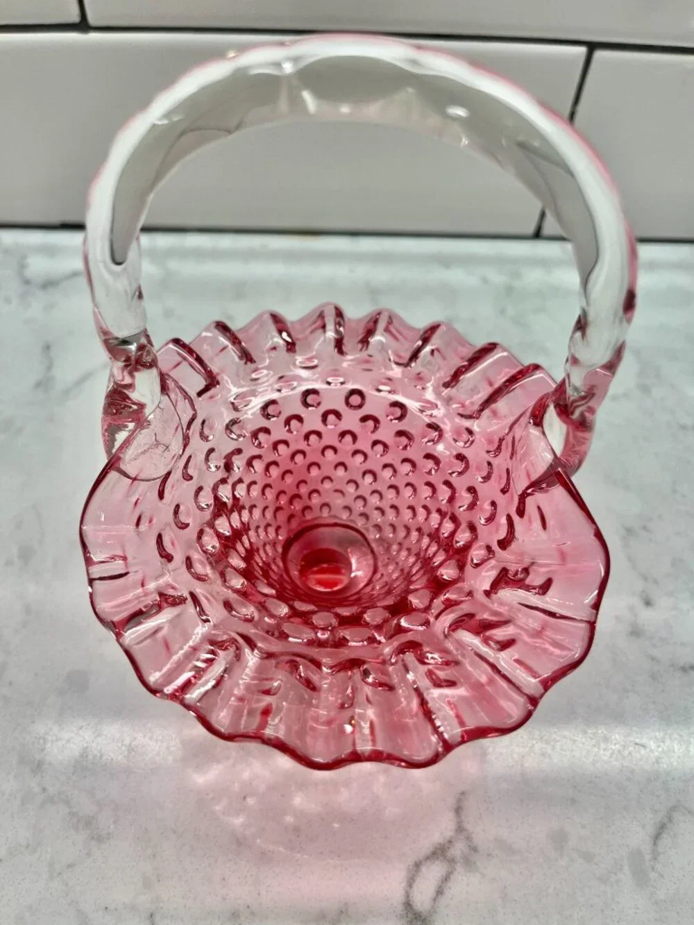 Vintage Fenton Cranberry Opalescent Hobnail Glass Basket